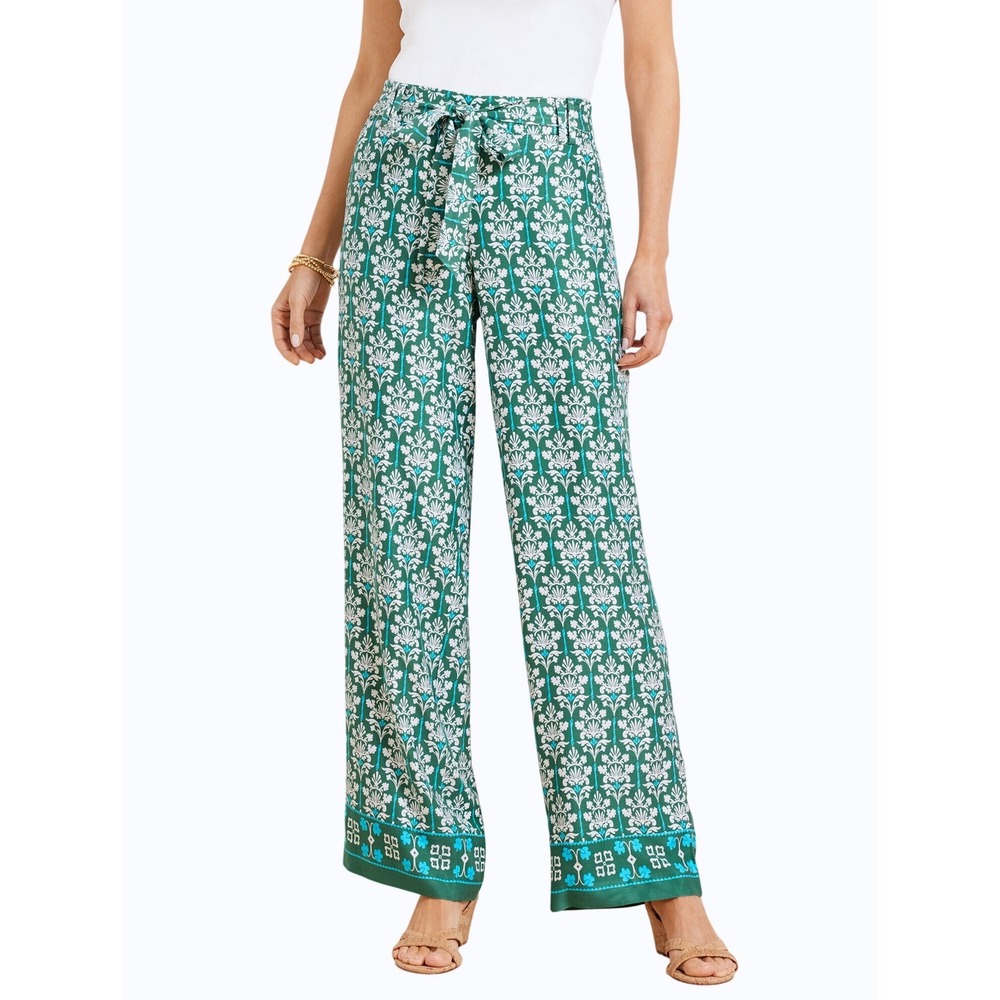 Talbots Wide Leg Pants Women Large Green Damask Print Resortwear Vacation Breezy